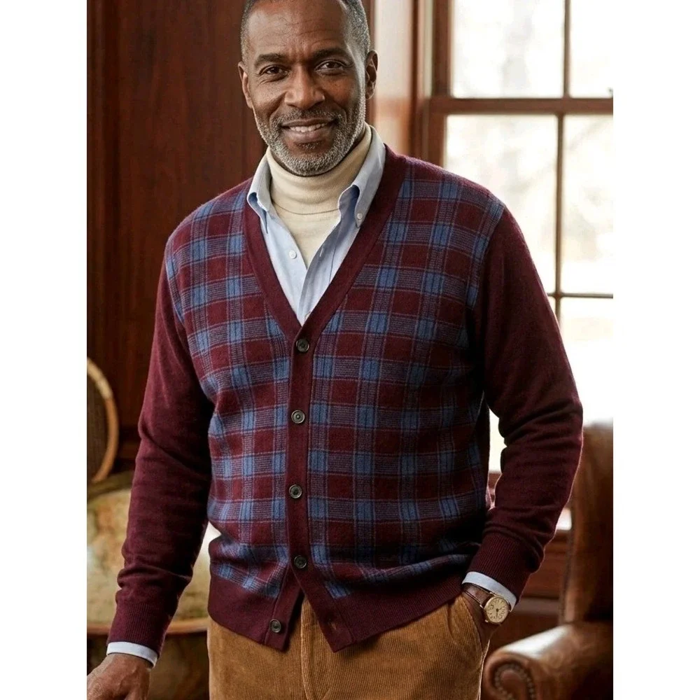 Saddlebred Men's M Burgundy Blue Cardigan Sweater  Academia Grandpa Ol Money